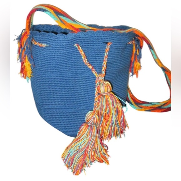 Handbags - Wayuu Mochila Bucket Hobo Bag Columbian Riohacha Drawstring Multi Strap Blue